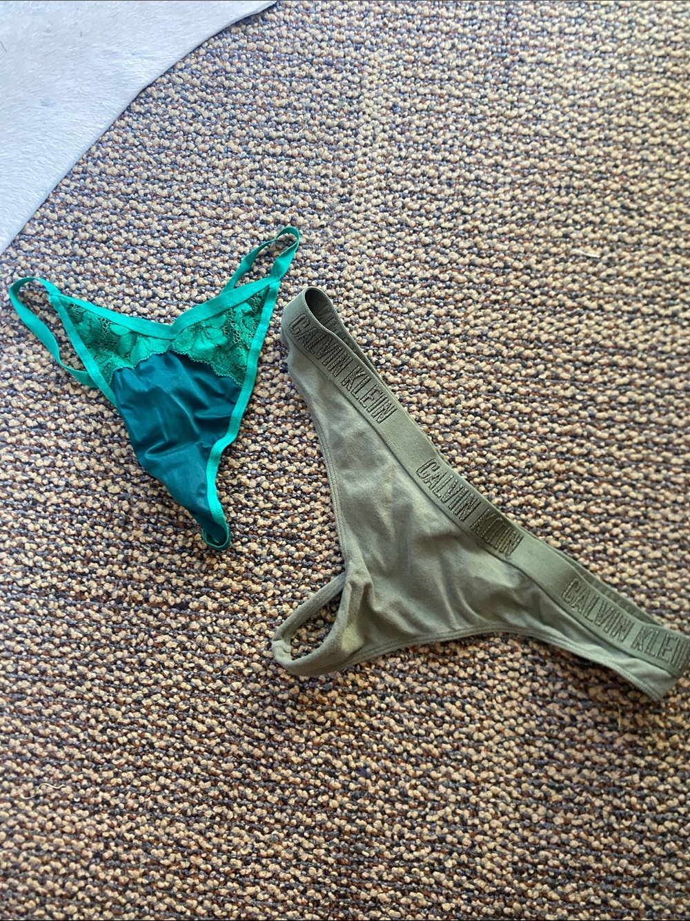 Calvin Klein Olive Logo Thong & Teal Lace Thong Duo